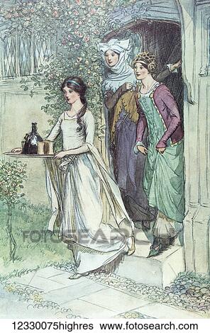 Stock Photograph - Charles Dickens. The Merry Wives of Windsor. Illustration by Hugh Thompson London 1910. Enter Anne Page with wine, Mistress Ford and Mistress Page Following. A lady leaving the house carrying a tray of wine. Two other ladies looking on. Fotosearch