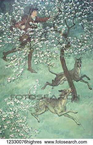 Stock Photograph - Charles Dickens. The Merry Wives of Windsor. Illustration by Hugh Thompson London 1910. He has eyes of youth, he smells April and May. Boy in woods with dogs. Fotosearch
