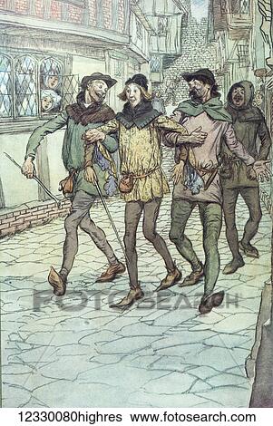 Stock Photograph - Charles Dickens. The Merry Wives of Windsor. Illustration by Hugh Thompson London 1910. They carried me to the tavern. Four men walking ion old lane toward pu holding each other up and happy with drink, drunk. Fotosearch