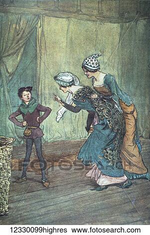 Stock Photograph - Charles Dickens. The Merry Wives of Windsor. Illustration by Hugh Thompson London 1910. You little Jack a lent, have you been true to us. Two ladies in a tent question and talk to a little boy. Fotosearch
