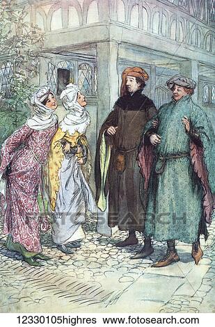 Stock Photograph - Charles Dickens. The Merry Wives of Windsor. Illustration by Hugh Thompson London 1910. How now sweet frank! Why art thou melancholy? Two ladies and two men talking in street asking question. Fotosearch