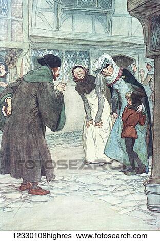 Stock Photograph - Charles Dickens. The Merry Wives of Windsor. Illustration by Hugh Thompson London 1910. Come on sirrah, answer your master, be not afraid, two ladies with little boy being questioned by a man. Fotosearch