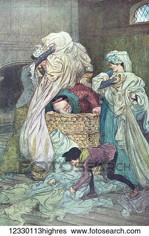 Stock Photograph - Charles Dickens. The Merry Wives of Windsor. Illustration by Hugh Thompson London 1910. They cover him with foul linen. Man hiding in washing basket covered with dirty clothes by two ladies and a young boy. Fotosearch
