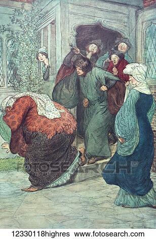 Stock Photograph - Charles Dickens. The Merry Wives of Windsor. Illustration by Hugh Thompson London 1910. Out of the door, you witch. Man beating and hitting a lady wih a stick whilst others look on. Fotosearch
