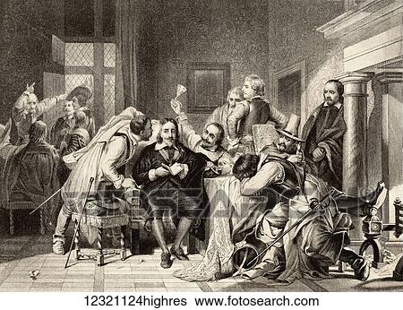 Stock Photograph - Charles I in the guard room insulted by the soldiers of Oliver Cromwell, January 27th, 1649. Charles I, 1600 to 1649. King of England, Scotland, Ireland. From Illustrations of English and Scottish History published 1882.. Fotosearch
