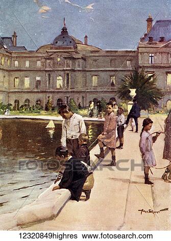 Stock Photograph - Children of Paris in The Luxemburg Gardens, Paris, France. Colour illustration from the book France by Gordon Home published 1918. Fotosearch