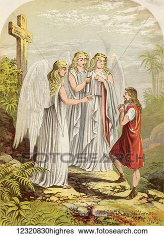 Stock Photograph - Christian Losing his Burden. Illustration by A. F. Lydon. From the book The Pilgrims Progress by John Bunyan published c. 1880.. Fotosearch