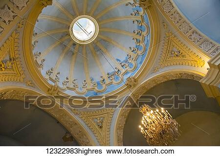 Stock Photograph - Church cupola and hanging chandelier; Jesus Maria, Cordoba, Argentina. Fotosearch