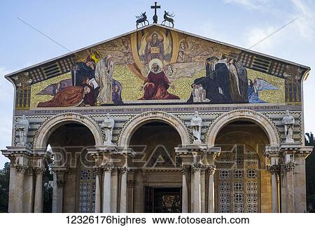 Stock Photograph - Church of All Nations with a colourful depiction of Jesus Christ and his followers; Jerusalem, Israel. Fotosearch