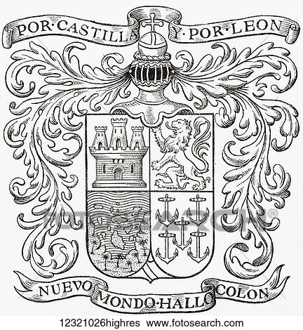 Stock Photograph - Coat of Arms of Christopher Columbus. Christopher Columbus, c. 1451 to 1506. Genovese navigator, colonizer, and explorer. From the book Life of Christopher Columbus by Clements R. Markham published 1892.. Fotosearch