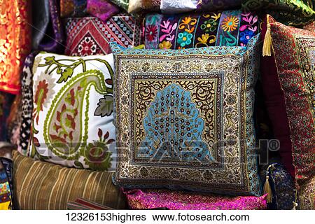 Colourful decorative cushions on display at the Arab Market; Jerusalem, Israel View Large Photo Image Stock Photograph - Colourful decorative cushions on display at the Arab Market; Jerusalem, Israel. Fotosearch