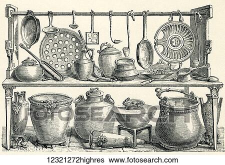 Stock Photograph - Cooking utensils from Pompeii. From Italian Pictures by Rev. Samuel Manning, published c. 1890.. Fotosearch
