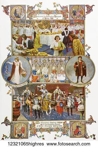 Coronation Pageantry of the Past. Top, Services at the Coronation Banquet of Henry VIII, middle left, The Herb Strewer at the Coronation of George IV, middle right, The King's Almoner at the Coronation of Henry VIII and bottom, The Champion's... View Large Photo Image Stock Photograph - Coronation Pageantry of the Past. Top, Services at the Coronation Banquet of Henry VIII, middle left, The Herb Strewer at the Coronation of George IV, middle right, The King's Almoner at the Coronation of Henry VIII and bottom, The Champion's.... Fotosearch