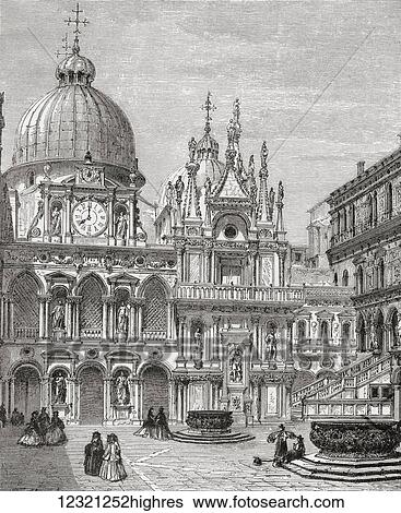 Stock Photograph - Courtyard of the Doge's Palace, Venice, Italy in the late 19th century. From Italian Pictures by Rev. Samuel Manning, published c. 1890.. Fotosearch