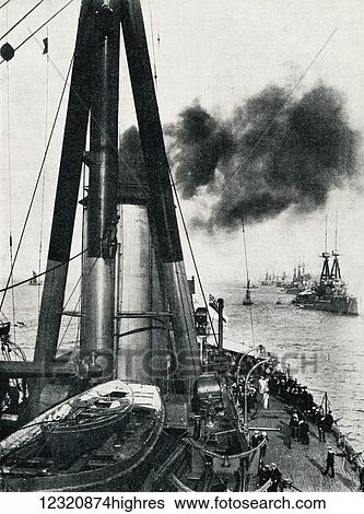 Stock Photograph - Dreadnoughts. From the deck of H. M. S. Superb showing heavier vessels in the Home Fleet during manoeuvres at Spithead 1914. From the magazine Twenty Years After The Battlefields of 1914-1918 Then and Now by Sir Ernest Swinton published 1938.. Fotosearch