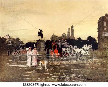 Stock Photograph - Evening in The Place d'Ina, Paris, France. Colour illustration from the book France by Gordon Home published 1918. Fotosearch