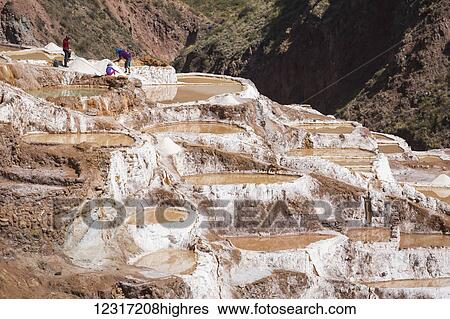 Stock Photograph - Family owned salt ponds in Sacred Valley near Urubama; Maras, Cusco, Peru. Fotosearch