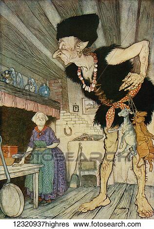 Stock Photograph - Fee fi fo fum I smell the blood of an Englisman. Illustration from Jack and the Beanstalk from the book English Fairy Tales retold by F. A. Steel with illustrations by Arthur Rackham, published 1927.. Fotosearch