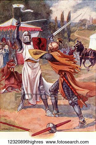 Stock Photograph - Fighting Knights in Armour. Coloured illustration from the book The Gateway to Tennyson published 1910.. Fotosearch