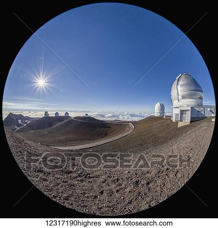 Stock Photograph - Fisheye view of Mauna Kea summit in Hawaii showing Suburu, Twin Kecks, CFHT and Gemini 0bservatories; Island of Hawaii, Hawaii, United States of America. Fotosearch