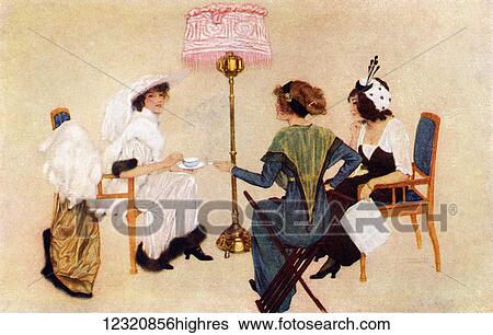 Stock Photograph - Five 'o' clock Tea in Paris. Colour illustration from the book France by Gordon Home published 1918. Fotosearch