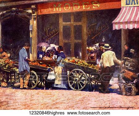 Stock Photograph - French Market Barrows. Colour illustration from the book France by Gordon Home published 1918. Fotosearch