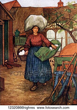 Stock Photograph - French Peasant Woman. Colour illustration from the book France by Gordon Home published 1918. Fotosearch