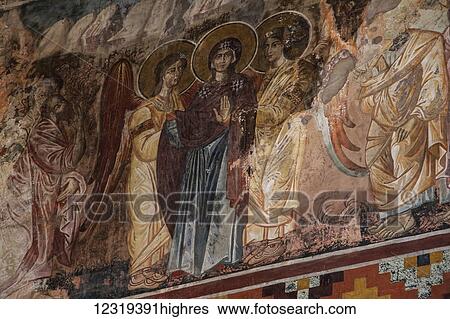 Stock Photograph - Fresco in the interior of the Church of the Virgin at Gelati Monastery; Imereti, Georgia. Fotosearch