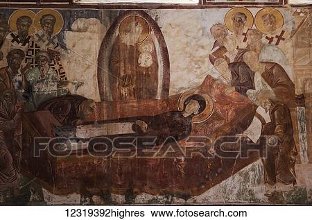 Stock Photograph - Fresco in the interior of the Church of the Virgin at Gelati Monastery; Imereti, Georgia. Fotosearch