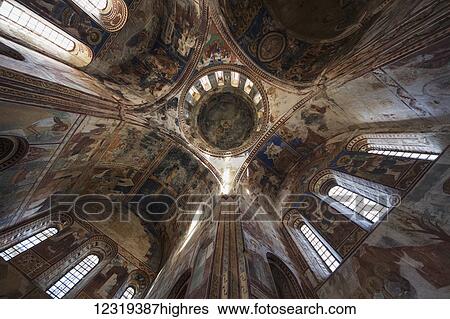 Stock Photograph - Frescoes in the interior of the Church of the Virgin at Gelati Monastery; Imereti, Georgia. Fotosearch