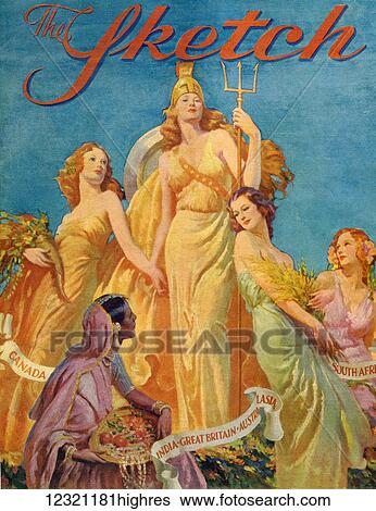 Front cover from The Sketch magazine, special coronation number, published 1937. Depicting Britannia surrounded by the female personifications of Canada, India, Australia and South Africa. View Large Photo Image Stock Photograph - Front cover from The Sketch magazine, special coronation number, published 1937. Depicting Britannia surrounded by the female personifications of Canada, India, Australia and South Africa.. Fotosearch