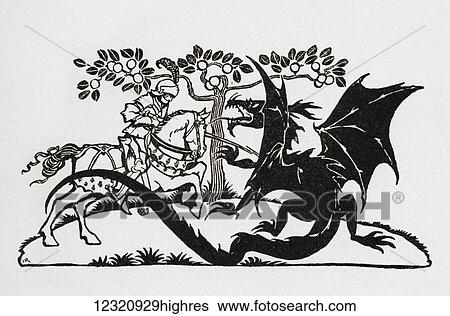 Stock Photograph - George and the Dragon. From the book English Fairy Tales retold by F. A. Steel with illustrations by Arthur Rackham, published 1927.. Fotosearch