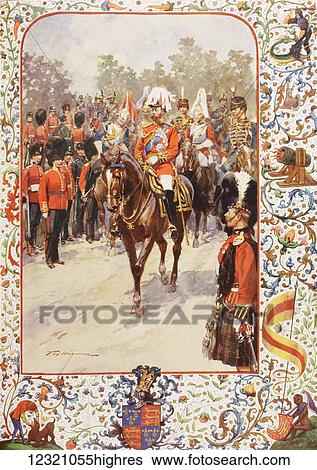 Stock Photograph - George V, as Field Marshal and British Regiments of which he was colonel. George Frederick Ernest Albert, 1865 to 1936. After the painting by Frederic de Haenen from The Illustrated London News, 1910.. Fotosearch
