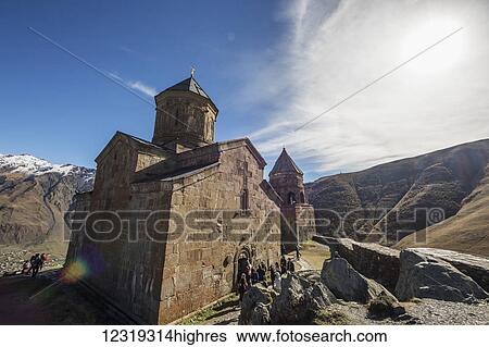 Stock Photograph - Gergeti Trinity Church; Kazbegi, Mtskheta-Mtianeti, Georgia. Fotosearch