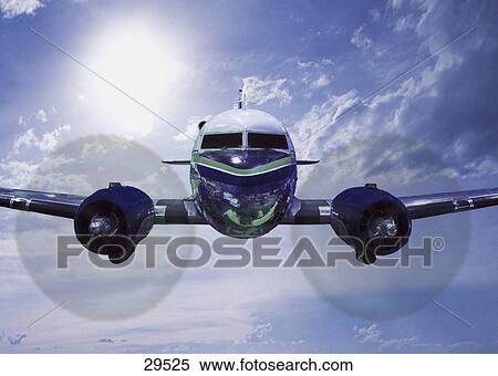 Head-on view of twin engine propeller airplane View Large Photo Image Stock Photography - Head-on view of twin engine propeller airplane. Fotosearch