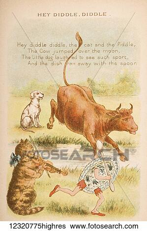 Stock Photograph - Hey Diddle Diddle from Old Mother Goose's Rhymes and Tales. Illustrated by Constance Haslewood. Published by Frederick Warne & Co London and New York circa 1890s. Chromolithography by Emrik & Binger of Holland. Fotosearch