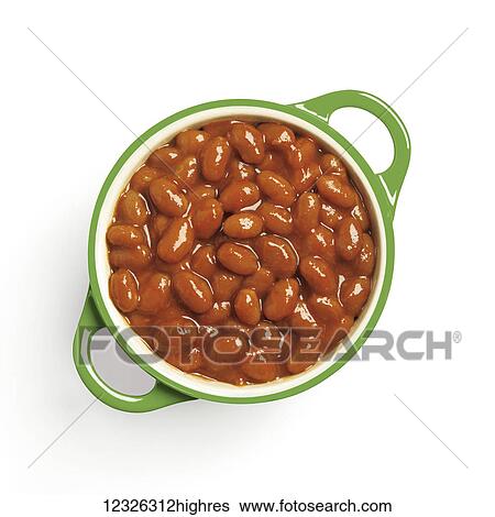 Stock Photograph - High angle view of a green bowl of baked beans on a white background. Fotosearch