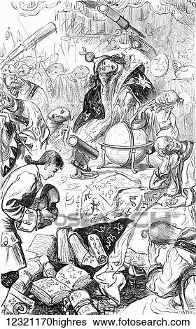 Stock Photograph - His majesty was then deep in a problem. From Gulliver's voyage to Laputa. From Gullivers Travels published c. 1875. Fotosearch