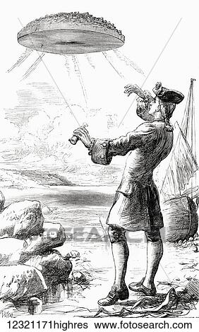 Stock Photograph - I perceived a vast opaque body between me and the sun. Gulliver's first sighting of the flying island or rock known as Laputa. From Gullivers Travels published c. 1875. Fotosearch