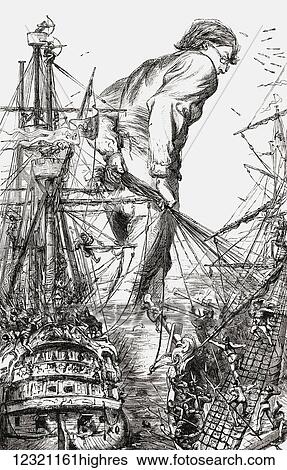 I took up the knotted end of the cables, to which my hooks were tied. From Gulliver's voyage to Lilliput. Illustration from Gullivers Travels published c. 1875 View Large Photo Image Stock Photograph - I took up the knotted end of the cables, to which my hooks were tied. From Gulliver's voyage to Lilliput. Illustration from Gullivers Travels published c. 1875. Fotosearch