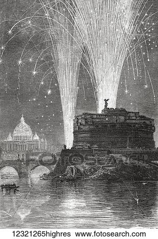 Stock Photograph - Illumination of St. Peters and firework display on the Castel Sant'Angelo, Rome, Italy in the late 19th century. From Italian Pictures by Rev. Samuel Manning, published c. 1890.. Fotosearch