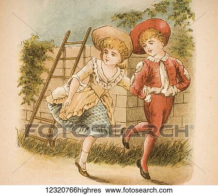 Stock Photograph - Illustration of girl and boy from Old Mother Goose's Rhymes and Tales by Constance Haslewood Published by Frederick Warne & Co London and New York circa 1890s Chromolithography by Emrik & Binger of Holland. Fotosearch
