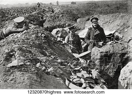 Stock Photograph - In the British trenches near the Aisne, 1914. From the magazine Twenty Years After The Battlefields of 1914-1918 Then and Now by Sir Ernest Swinton published 1938.. Fotosearch
