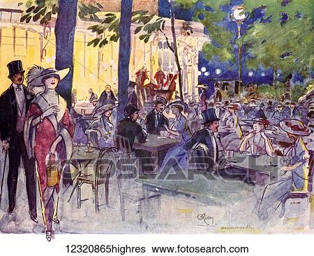 Stock Photograph - In The Cafe Armenonville, Bois de Boulogne, Paris, France. Colour illustration from the book France by Gordon Home published 1918. Fotosearch