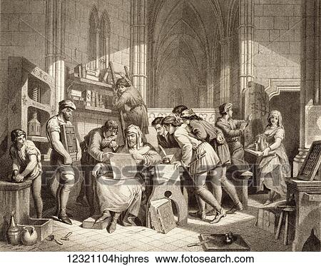 Introduction of the Art of Printing. Caxton reading the first proof sheet from his printing press in The Almonary, Westminster Abbey, March 1474. William Caxton, c. 1415 or 1422 to c. 1492. English merchant, diplomat, writer and printer. From... View Large Photo Image Stock Photograph - Introduction of the Art of Printing. Caxton reading the first proof sheet from his printing press in The Almonary, Westminster Abbey, March 1474. William Caxton, c. 1415 or 1422 to c. 1492. English merchant, diplomat, writer and printer. From.... Fotosearch