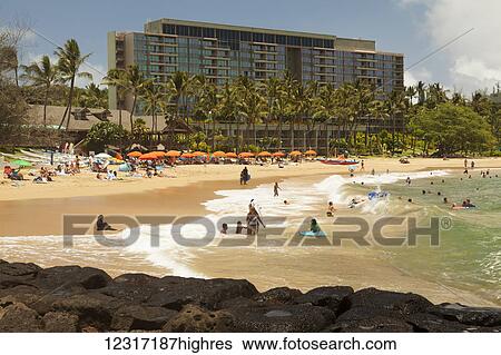 Stock Photograph - Kauai Marriott Resort and Beach Club, Kalapaki Beach, Nawiliwili Bay; Lihue, Kauai, Hawaii, United States of America. Fotosearch