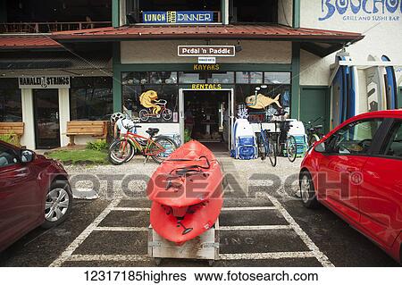 Stock Photograph - Kayak shop, kayaks for rent; Hanalei, Kauai, Hawaii, United States of America. Fotosearch