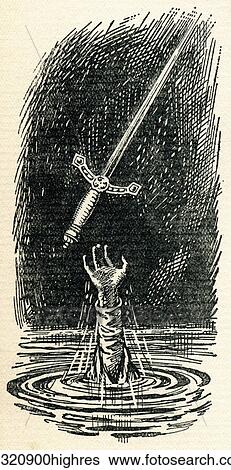 Stock Photograph - King Arthur's sword Excalibur and the hand emerging from the lake. Illustration from the book The Gateway to Tennyson published 1910.. Fotosearch