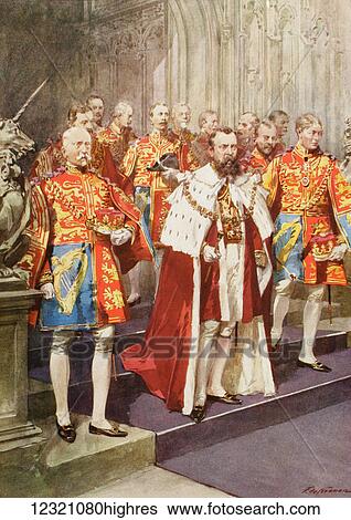 Stock Photograph - King George V and the officers of Heralds College, during his coronation in 1910, together with the arms of the English Sovereigns from William I to George V. George V, George Frederick Ernest Albert, 1865 to 1936. King of the United Kingdom and the.... Fotosearch