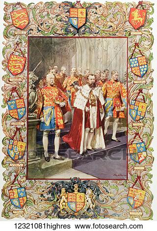 Stock Photograph - King George V and the officers of Heralds College, during his coronation in 1910, together with the arms of the English Sovereigns from William I to George V. George V, George Frederick Ernest Albert, 1865 to 1936. King of the United Kingdom and the.... Fotosearch